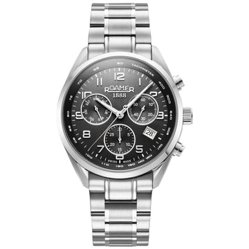 Roamer Pro Chrono 993819-41-44-20 χρονογράφος με ασημί ατσάλινο μπρασελέ και στρογγυλό μαύρο καντράν διαμέτρου 44mm.